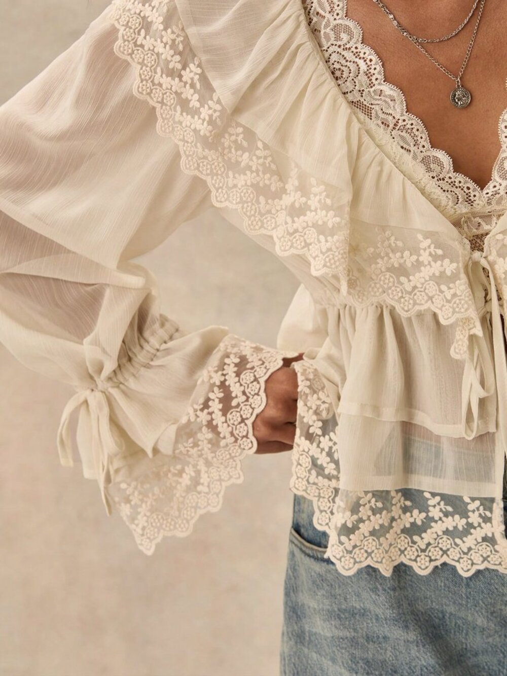 Apricot Casual Women's Bohemian Ruffled Collar Waist Lace Patchwork Blouse - Picture 8 of 8
